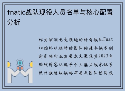 fnatic战队现役人员名单与核心配置分析