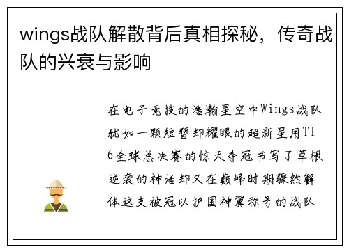 wings战队解散背后真相探秘，传奇战队的兴衰与影响