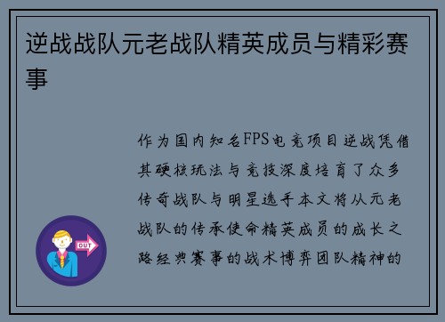逆战战队元老战队精英成员与精彩赛事